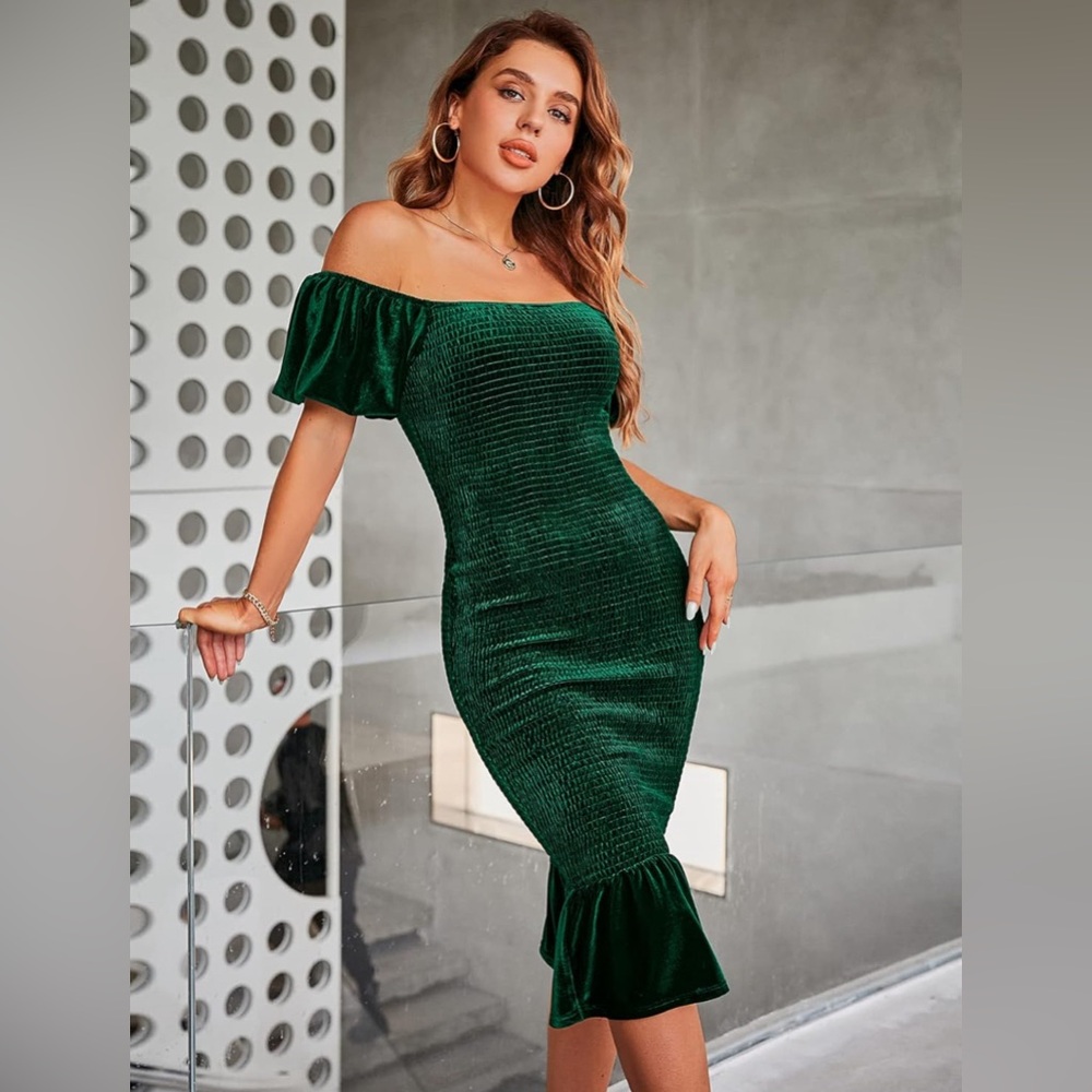Smocked Bodycon Off Shoulder Puff Short Sleeve Mermaid Dress Ruffle Shirred